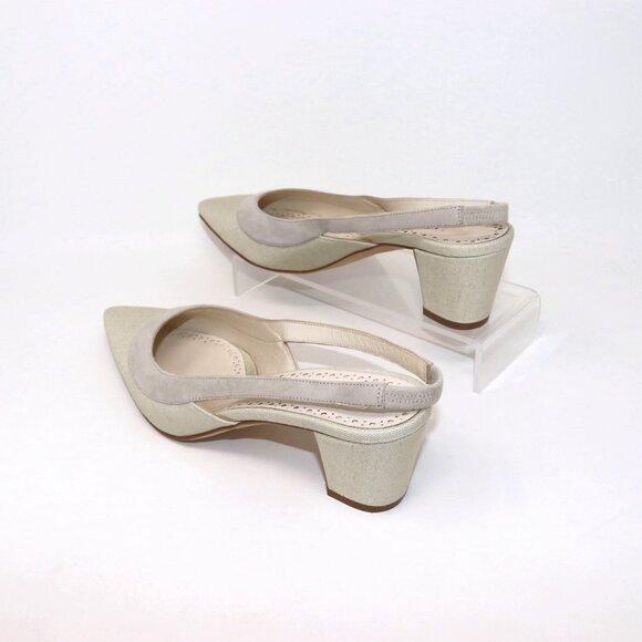 Manolo Blahnik 38 Golpeso Natural Linen & Suede Slingback Kitten Heel Mules - Picture 6 of 12